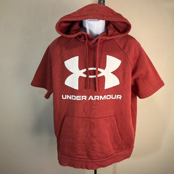 Under Armour Men's salmon red short sleeve hooded sweatshirt Hoodie Large L EUC - Picture 1 of 6
